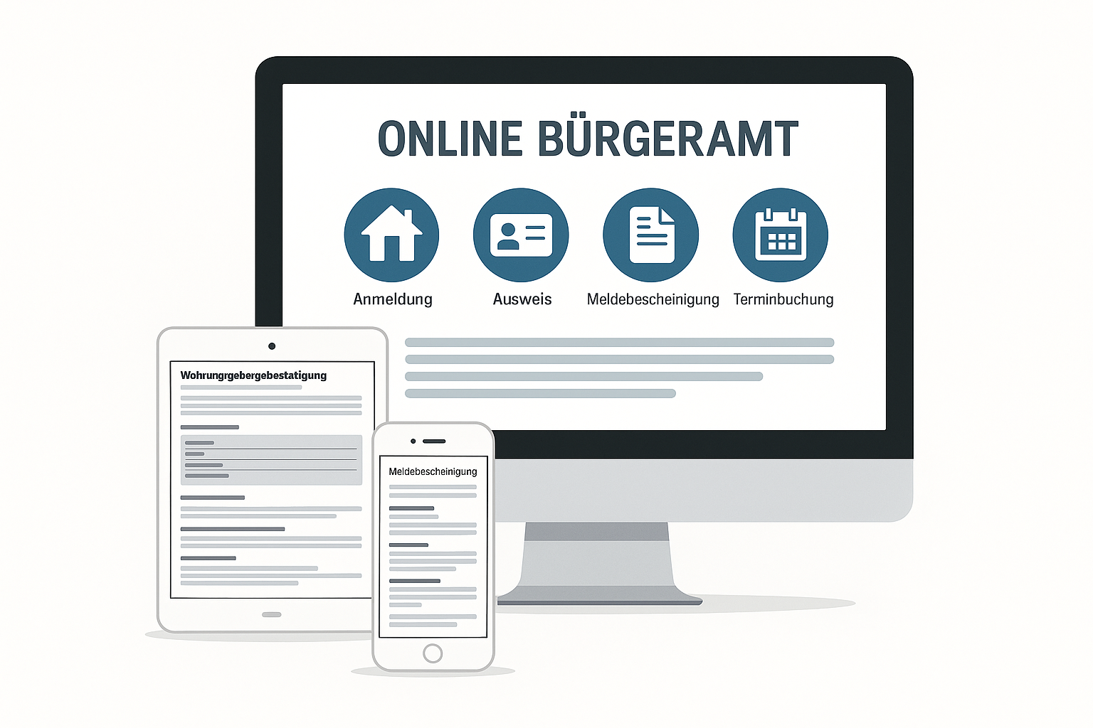 Online Bürgeramt – Behördengänge digital erledigen Digitale Darstellung der Online-Bürgeramtsdienste auf Desktop, Tablet und Smartphone